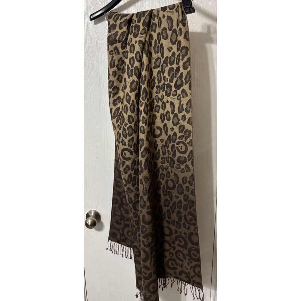 Coach Brown Patterned Logo Dress Scarf With Fringe Merano Wool